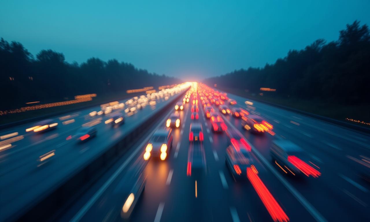 Visualización abstracta de flujos de datos de tráfico en una autopista con vehículos iluminados
